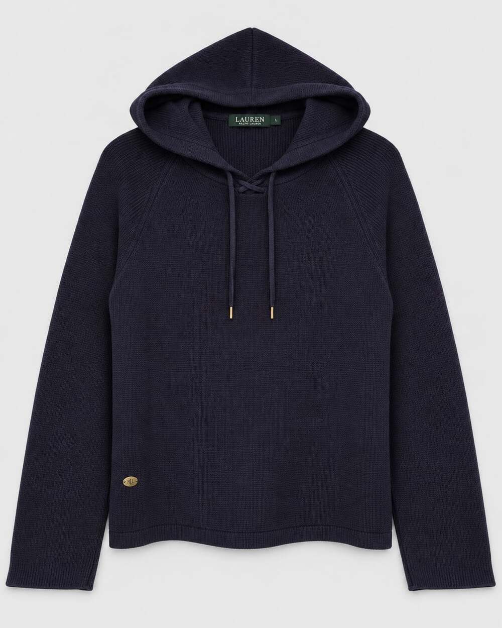 Lauren Ralph Lauren Navy Waffle Knit Hooded Pullover Sweater Cotton L